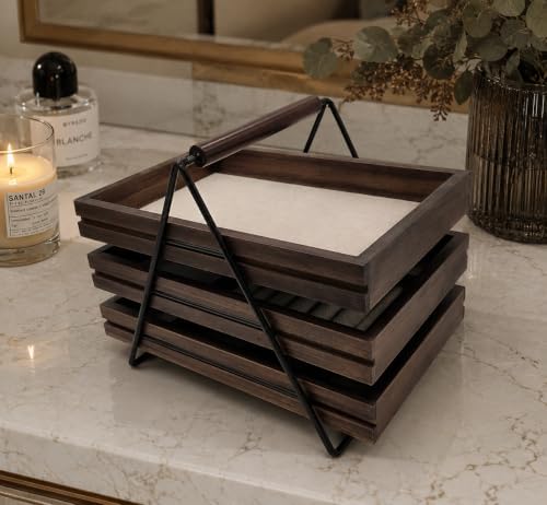 3 Tiered Wood Jewelry Organizer Tray- Walnut Finish Jewelry Storage Organizer for Rings, Watches, Bracelets, Earrings, Necklaces, and Accessories