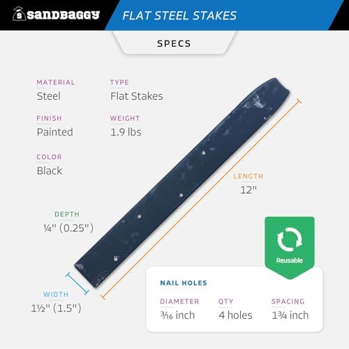 Sandbaggy 12" Flat Steel Stakes for Concrete Forms with Nail Holes - 1.5" Wide - Painted - Removable, Reusable, V Point End - Construction Grade Stakes (100, 12 inch)