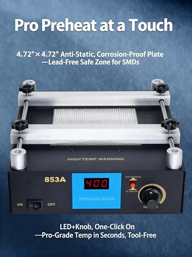 853A BGA Rework Station Preheating Oven Hot Plate, 110 V 450 W, Digital PCB Preheater Welder Soldering 50–400 °C, Anti-Static Work Surface, PID Constant-Temp Control with Hot Air Gun Holder