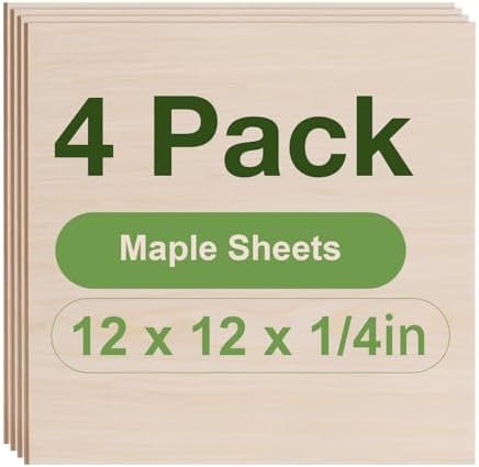 Rowood 4 Pack Maple Plywood 1/4,12x12x1/4inch,6mm Thick Unfinished Wood for Laser Cutting and Engraving,DIY Ornaments,Wood Burning,Models Drawing