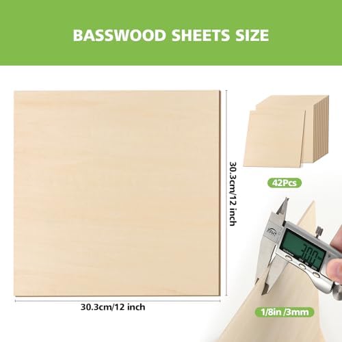 42PCS Basswood Sheets 12" x 12" x 1/8" (3mm) – Flat & Clean Thin Basswood Sheets for Laser Cutting & Engraving, Consistent Quality Wood Sheets for Wood Burning, Painting, Staining, DIY Ornaments Model