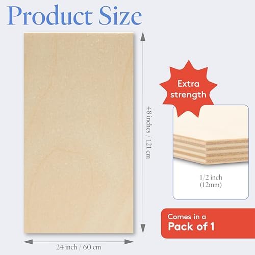 Baltic Birch Plywood 24 x 48 x 1/2 Inch - 12 mm Craft Wood, Pack of 1 B/BB Grade, Stronger Than Basswood Sheets or Balsa Wood, Perfect for Laser, CNC Cutting, Wood Shelves, by Woodpeckers