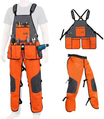 2-in-1 Chainsaw Protective Chaps and Apron Combo, Heavy Duty 900D Oxford Woodworking Tool Apron with 10 Pockets, Adjustable Safety Logger Chaps for Carpenter, Arborist, Gardening