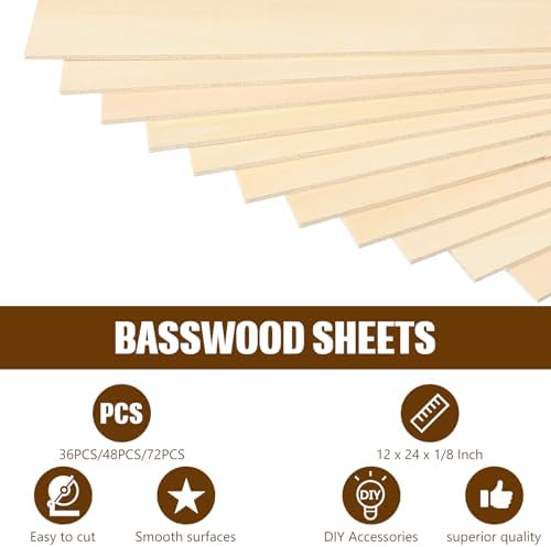 Riakrum Basswood Sheets Plywood Board Unfinished Wood Boards for Crafts for DIY Laser Projects Architectural Mini House Building Hobby Model Making(12 x 24 x 1/8 Inch,48)