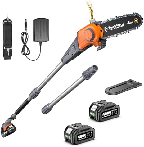 TaskStar 8-Inch Cordless Pole Saw, Electric Pole Saws for Tree Trimming, 2×4000mAh Batteries, 600W Powerful Motor, Max Reach 15Ft, Tool-Free Chain Tensioning, Auto Lubrication