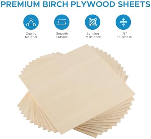 OMTech 36 Pack Birch Plywood Sheets, 12x12 Inch Plywood for Crafts, 1/8" Thick Wood Sheets for Laser Cutting Engraving, Unfinished Wood Boards for DIY Projects Drawing Painting