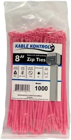 Kable Kontrol Cable Zip Ties, 8 Inch, 1000 Pcs, 50lbs Test, Pink | Nylon Plastic, Self Locking, UL Listed, Indoor Use