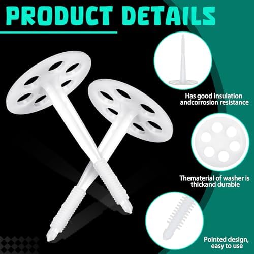 Wonderjune 250 Pcs 4" Plastic Insulation Masonry Fasteners 2.4" Washers Heavy Duty Plastic Concrete Anchors Pins Rigid Foam Board Insulation Fasteners for Concrete, Brick, Masonry Walls
