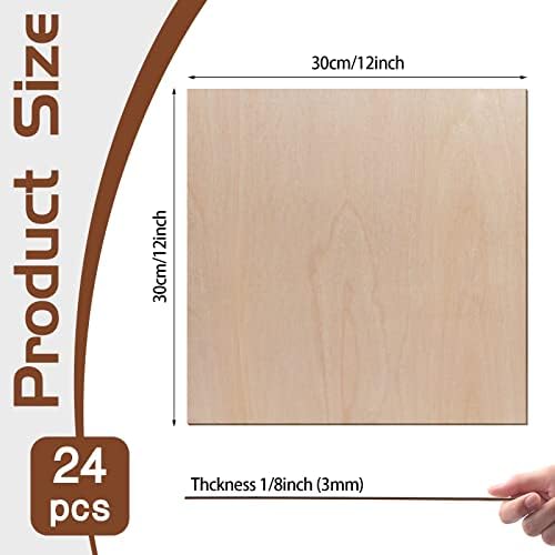 24 Pcs Baltic Birch Plywood,12 x 12 x 1/8 Inch - 3mm Thick Birch Unfinished Wood for Crafts Laser Cutting & Engraving, School DIY Projects, Painting, Fretwork, CNC Cutting, and Wood Burning