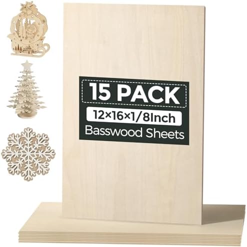 15 Pack Basswood Sheets, 12"x16"x1/8" Basswood for Laser Cutting