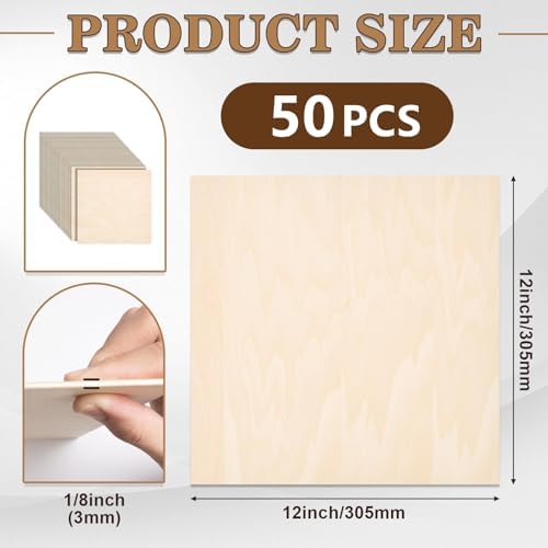 50 Pack Basswood Sheets for Laser Cutting, 12 x 12 x 1/8 Inch, Unfinished Squares Wood Sheets for Crafts - Smooth Surface Plywood for Wood Burning, Engraving, Architectural Models, Painting & Staining