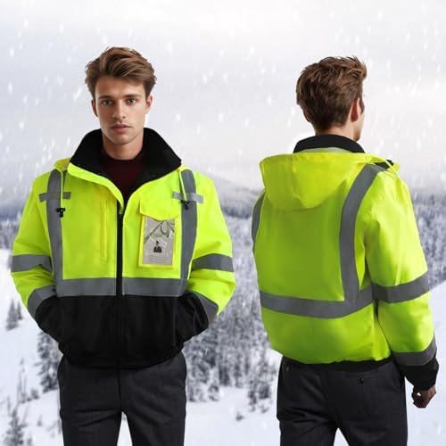 High Visibility Work Jackets, Safety Jacket with Pockets for Men& Women, Construction Coats for Cold Weather, Waterproof High Vis Rain Gear, Class 3, Yellow-Black, 5XL
