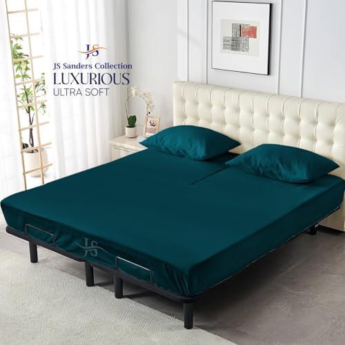 JS Sanders Collection 600TC Flex Top Queen Sheets for Sleep Number Bed - 100% Cotton 4 Pcs Top Split Queen Sheets for Adjustable Bed Queen 30 Inch Down Teal -18 Inch Deep
