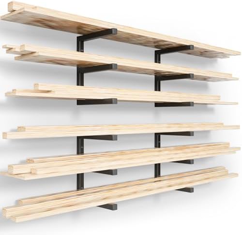 YYR Wood Organizer and Lumber Storage Rack Wall Mount, Heavy Duty Metal Shelf with 6-Level Holds Up 1200 LBS, Indoor & Outdoor Use - Black