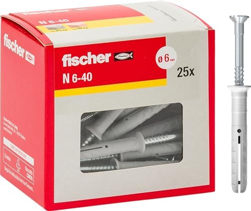 Fischer 508273 Extension dowels to Knock N 6x40 Y, Percussion Fixing with pre-Assembled Nail for Full, semi-Filled and Concrete, 25 Pieces per Pack, Grey, 6X40 MM