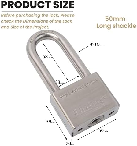 Unity Marine Padlock Keyed Alike 100% Stainless Steel Weatherproof for Sea, Boat, Port, Gate, Anti-Pick (5, 50mm Long Shackle)