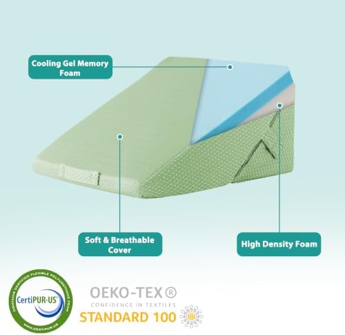 Bedluxe Wedge Pillow for Sleeping, Adjustable 9&12 Inch Foldable Bed Wedge Pillow Set, Orthopedic Memory Foam Triangle Pillows Wedge, 7-in-1 Elevated Pillows for Leg and Back Support, Green