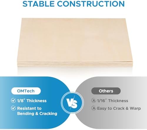 OMTech 12 Pack Birch Plywood Sheets, 12x12 Inch Plywood Sheets for Crafts, 1/8" Thick Wood for Laser Cutting Engraving, Unfinished Wood Boards for DIY Projects Drawing Painting