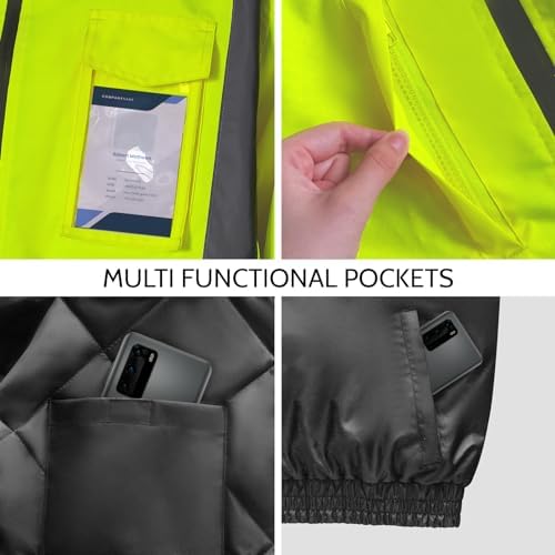 Hi Vis Rain Jackets, Reflective Safety Jacket with Pockets for Men& Women, Construction Coats for Cold Weather, Waterproof Rain Gear, Class 3, Yellow-Black, 4XL