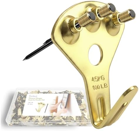 Picture Hangers Heavy Duty, Extra Thick, 100 lb, Decorative Hanging Hooks Hardware for Drywall and Plaster Walls with Large Nailers and Nails, Painting, 20pcs, Gold