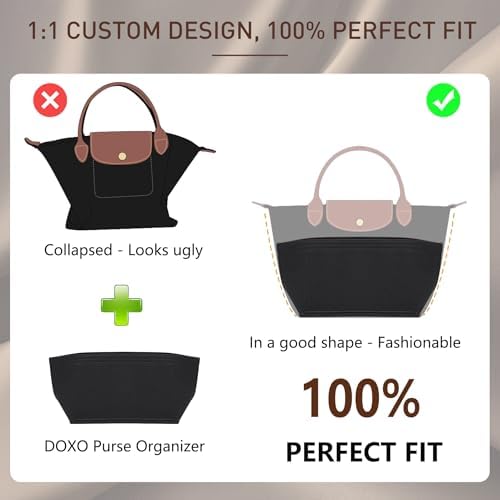 Doxo Purse Organizer Insert for Longchamp Le Pliage Tote, Large Bag Organizer with YKK Zipper Pocket & Cup Holder, Handbag Shaper for Women, Fits Original/Green/Energy L Tote, Black-WL