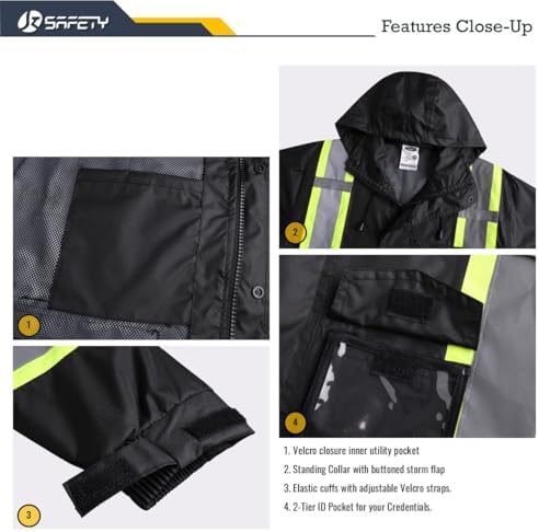 JKSafety Hi Vis Rain Jacket for Men Women Safety Rain Gear Black 3XL
