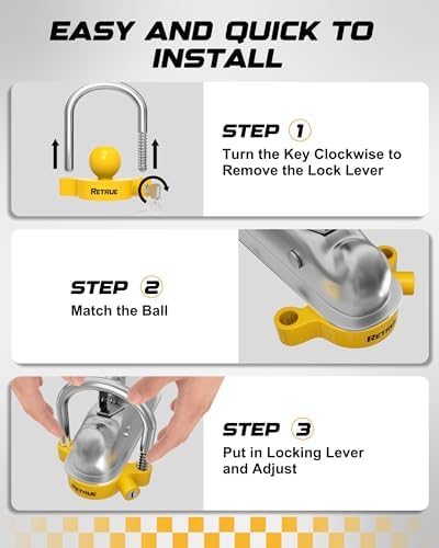 RETRUE Universal Coupler Lock Trailer Locks Ball Hitch Trailer Hitch Lock Adjustable Security Heavy-Duty Steel Fits 1-7/8 Inch, 2 Inch, 2-5/16 Inch Couplers, Bright Yellow, Light Weight (Pack of 2)