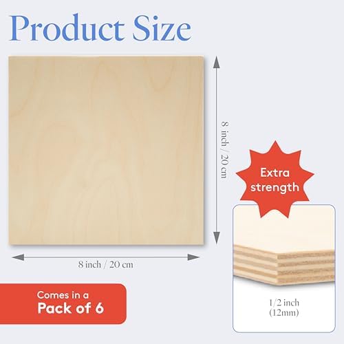 12 mm Baltic Birch Plywood 1/2 x 8 x 8 Inch, Box of 6 B/BB Grade Craft Wood, Stronger Than Basswood Sheets, for Laser, CNC Cutting and Wood Burning, by Woodpeckers