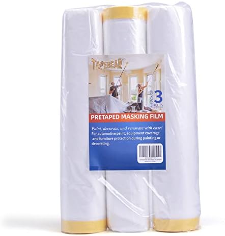 TAPEBEAR Pre-Taped Masking Film, Tape and Drape 9feet x 90feet 3Rolls