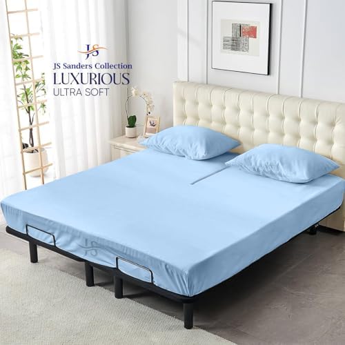 JS Sanders Collection 600TC Flex Top Queen Sheets for Sleep Number Bed - 100% Cotton 4 Pcs Top Split Queen Sheets for Adjustable Bed Queen 32 Inch Down Light Blue -18 Inch Deep