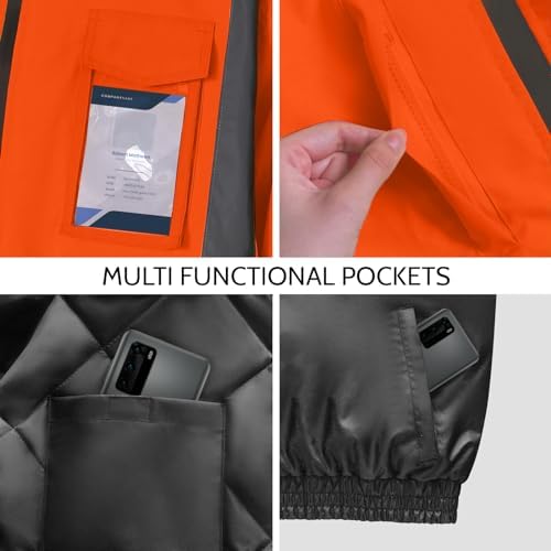 Hi Vis Rain Jackets, Reflective Safety Jacket with Pockets for Men& Women, Construction Coats for Winter Cold Weather, Waterproof Rain Gear, Class 3, Orange-Black, 4XL