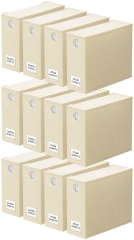 SpaceAid 12 Pack Bed Sheet Organizers and Storage, Foldable Organizer for Linen Closet, Set Folder Keeper With Window XL (Queen & King Size) Bedding Container (Beige)