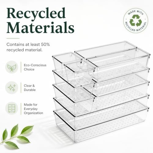 10 Pack Clear Drawer Organizer, 5 Sizes, Non-Slip Storage Trays