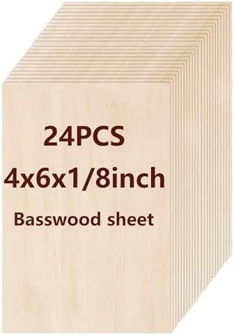 Basswood Sheets 24 Pack,4"x6"x1/8" Plywood Sheets,3mm Basswood for Laser Cutting,Laser Engraving Blanks,Drawing & Painting,Thin Natural Unfinished Wood for Crafts,Wood Burning,Scroll Saw Cutting