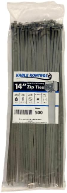 Kable Kontrol Cable Zip Ties, 14 Inch, 500 Pcs, 50lbs Test, Gray | Nylon Plastic, Self Locking, UL Listed, Indoor Use