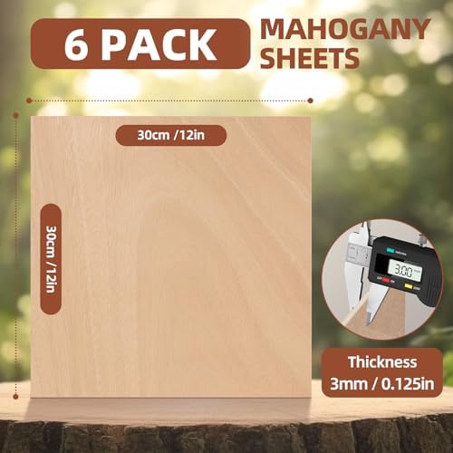 Rowood Mahogany Plywood Sheets for Laser Cutting,12x12x1/8inch,6 Pack 3mm Thin Unfinished Wood Crafts for Laser Engraving Blanks and DIY Ornaments and Architectural Model