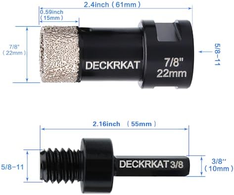 Diamond Core Drill Bit Vacuum Brazed 7/8" 22mm Diamond Hole Saw with Flutes for Granite Quartz Hard Porcelain Tile with 5/8-11 Female Thread & 3/8" Hex Shank Adapter Fit Angle Grinders & Drills