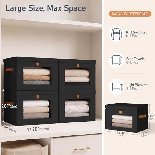 DIMJ Storage Bins with Lids - 4 Pack Large Fabric Closet Organizer with Window & Handles, Collapsible Decorative Storage Boxes for Shelves Under Bed, Books Clothes Blankets Sweaters Organization
