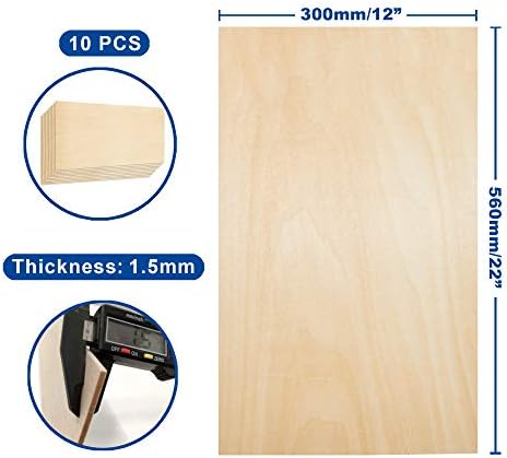 Plywood Sheet Board, A Grade, 22 x 12 inch, 1.5mm Thick, Pack of 10 Unfinished for Crafts Basswood by Craftiff