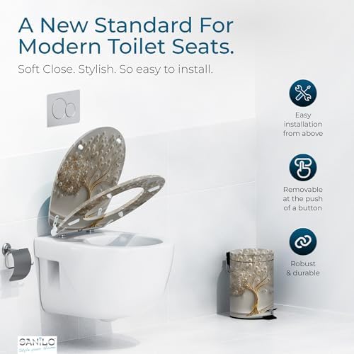 Sanilo Wooden Toilet Seat with Quick Release & Soft Close [ROUND] - Decorative & Slow Close Molded Wood Seat - With One Click for Easy Installation & Cleaning - With Adjustable Fit (Tree of Life)