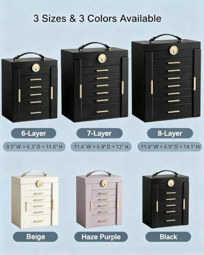 Lolalet Large Jewelry Box, 6-Layer Jewelry Organizer with 5 Drawers -Black