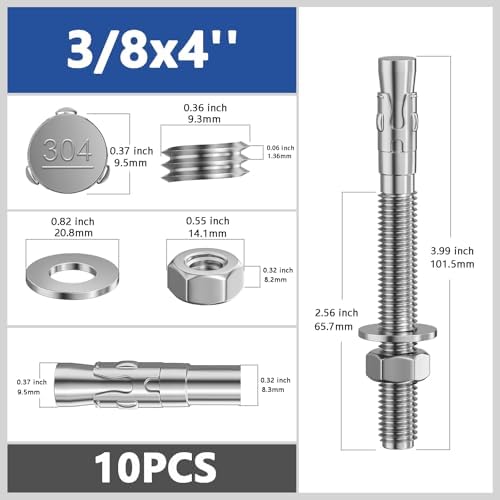 Wensilon 10Pcs 3/8x4 Inch Standard Fasteners for Heavy-Duty 304 Stainless Steel Wedge Anchors for Cement and Concrete