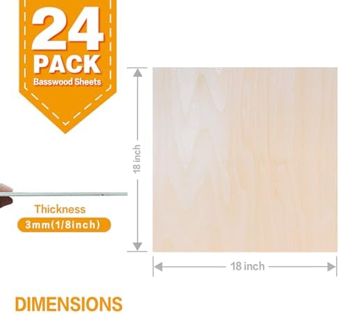 24Pack Basswood Sheets 18"x18"x1/8", 3mm Basswood for Laser Cutting, Thin Plywood Board Unfinished Wood for Crafts, DIY Architectural Models Making, Wood Engraving (24Pack-18x18inch)