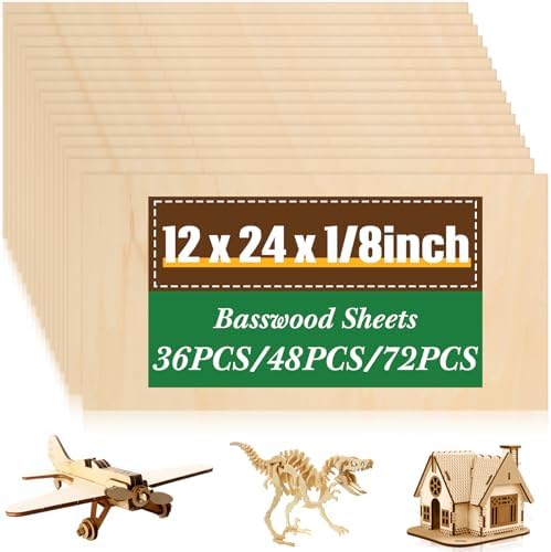 Riakrum Basswood Sheets Plywood Board Unfinished Wood Boards for Crafts for DIY Laser Projects Architectural Mini House Building Hobby Model Making(12 x 24 x 1/8 Inch,48)