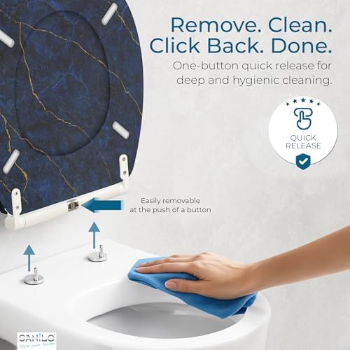 Sanilo Wooden Toilet Seat with Quick Release & Soft Close [ROUND] - Decorative & Slow Close Molded Wood Seat - With One Click for Easy Installation & Cleaning - With Adjustable Fit (Marble Darkblue)