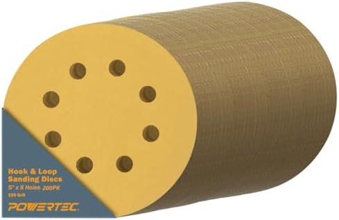 POWERTEC 200 PCS 220 Grit - 5 Inch 8 Hole Hook and Loop Sanding Discs, 5" Sanding Pads for Automotive, Drywall, Woodworking with Orbital Sander, Air, and DA Sander (44022G-50-P4)