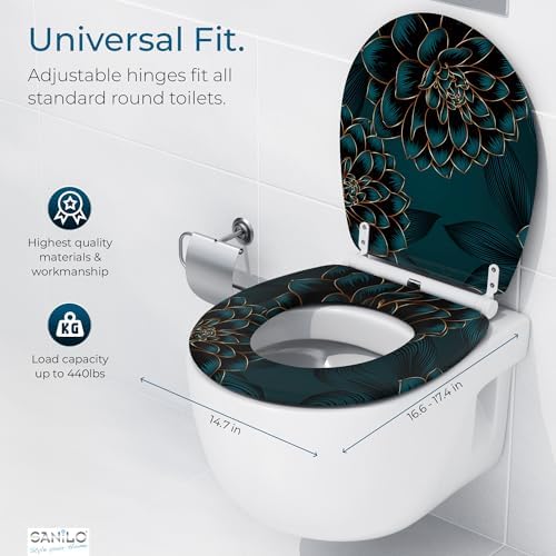 Sanilo Wooden Toilet Seat with Quick Release & Soft Close [ROUND] - Decorative & Slow Close Molded Wood Seat - With One Click for Easy Installation & Cleaning - With Adjustable Fit (Dahlia)