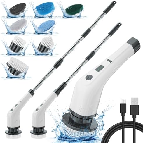 APLUSH Electric Spin Scrubber,Cordless Shower Cleaning Brush with 7 Replaceable Brush Heads, Adjustable 2 Speeds Extension Handle Power Cleaning Brush for Tub Tile Floor Car,White
