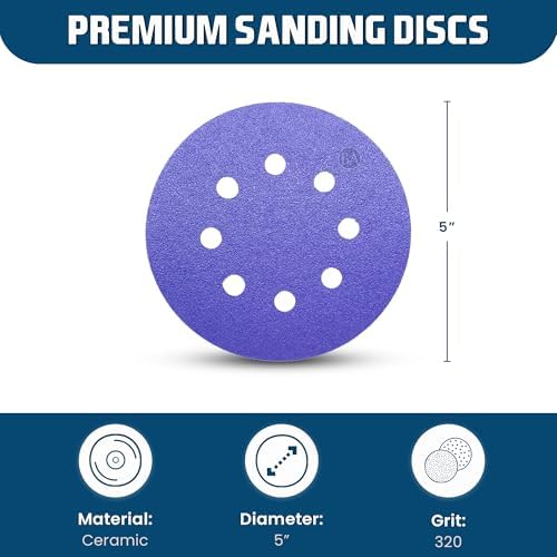 Benchmark Abrasives 5 Inch Sanding Discs Hook and Loop, Ceramic 8 Holes Adhesive Sandpaper for Surface Blending, Automotive - Orbital Sander Sandpaper (50 Discs), 320 Grit