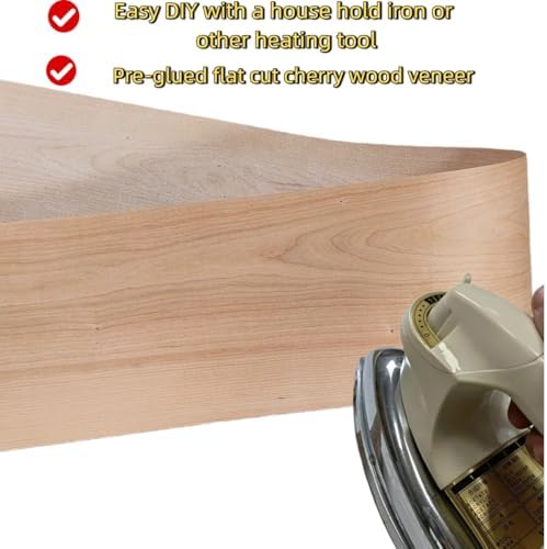 Cherry Wood Veneer Sheet,Flat Cut,8.5''x 98'',Iron On Stick Veneer Roll Without Paper,Pre-glued Hot Melt Self Adhesive Cherry Tape for Cabinet Furniture Plywood Laminate Speaker Renovation